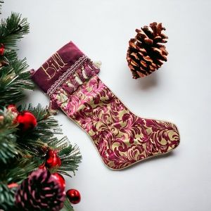 Personalized Christmas stocking “Bill” burgundy and gold with tassels.